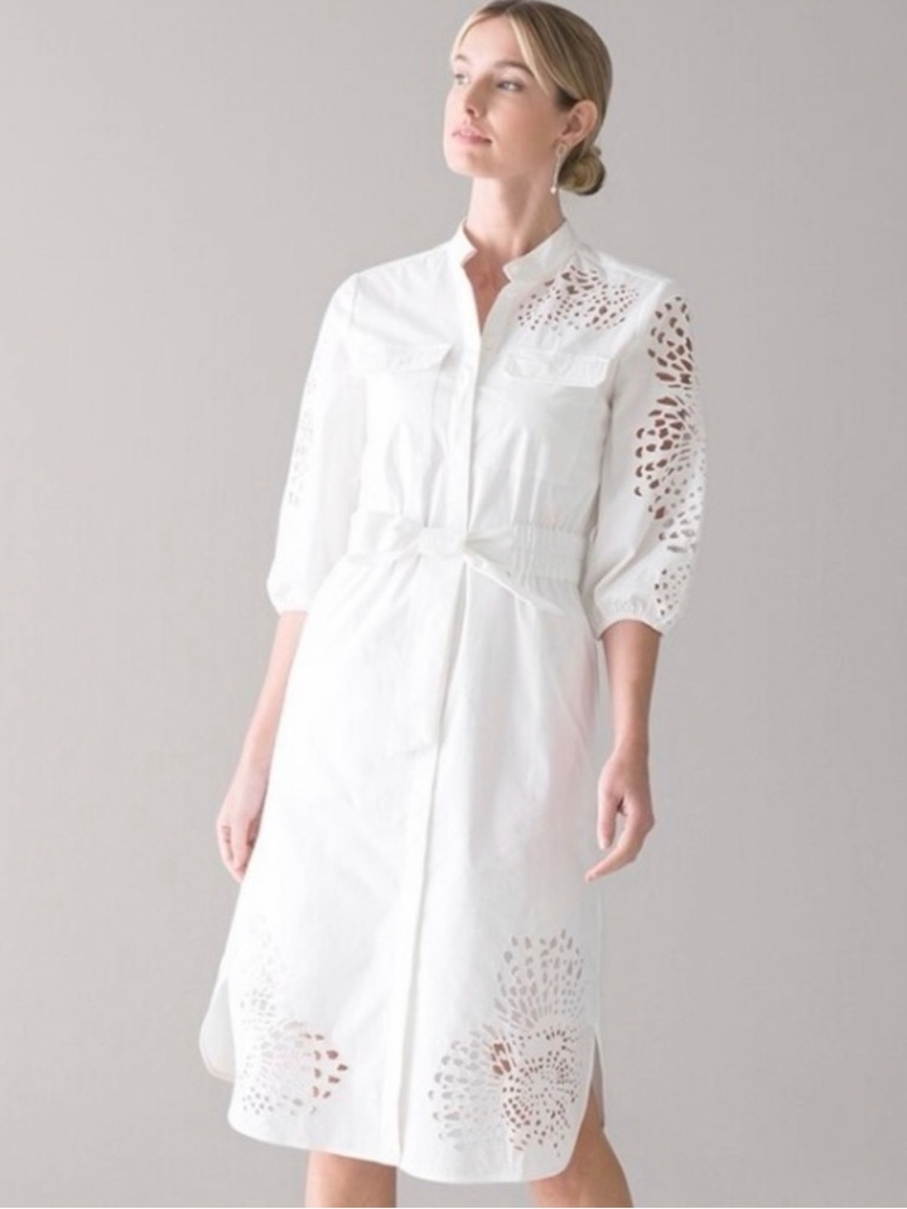WHITE HOUSE BLACK MARKET laser cut embroidered Eyelet Tie-Waist Shirt Dress - Picture 3 of 4